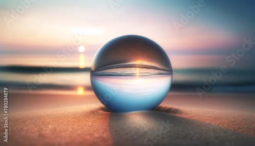 A glass orb on a sandy beach capturing the serene early morning ambiance. photo