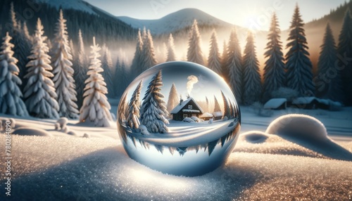 A glass orb positioned in the center of a tranquil, snow-covered landscape. © FantasyLand86