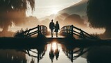 A couple walking hand in hand across a picturesque wooden bridge in a rural setting, at dawn, with soft rays of sunlight filtering through the mist.