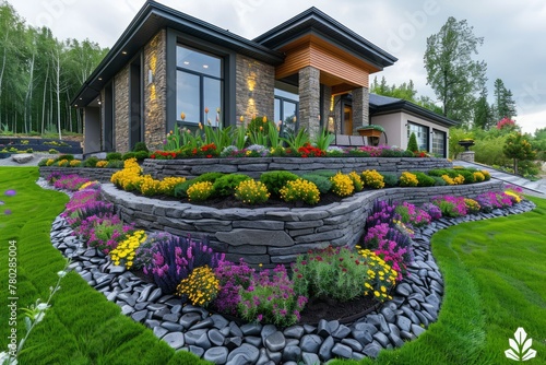 Landscape design with flower beds in home garden, beautiful landscaping