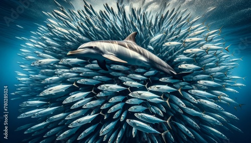 A dolphin navigating through a shimmering shoal of mackerel in the deep blue ocean. photo