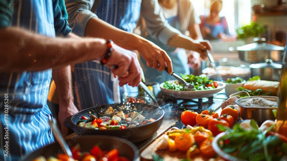 Obraz premium A hands-on cooking class scene, highlighting the joy of learning and the hands-on experience with food.