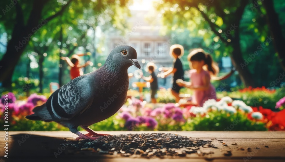 A pigeon pecking at seeds in a vibrant urban park setting with children playing in the background.