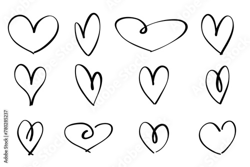 A set of twelve hand-drawn hearts. Hand drawn rough heart marker isolated on white background. Vector illustration for your graphic design photo