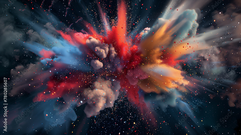 An abstract, 3D-rendered explosion of colorful particles, set against a deep, dark background, creating a modern and creative visual spectacle - obrazy, fototapety, plakaty 