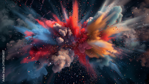 An abstract, 3D-rendered explosion of colorful particles, set against a deep, dark background, creating a modern and creative visual spectacle