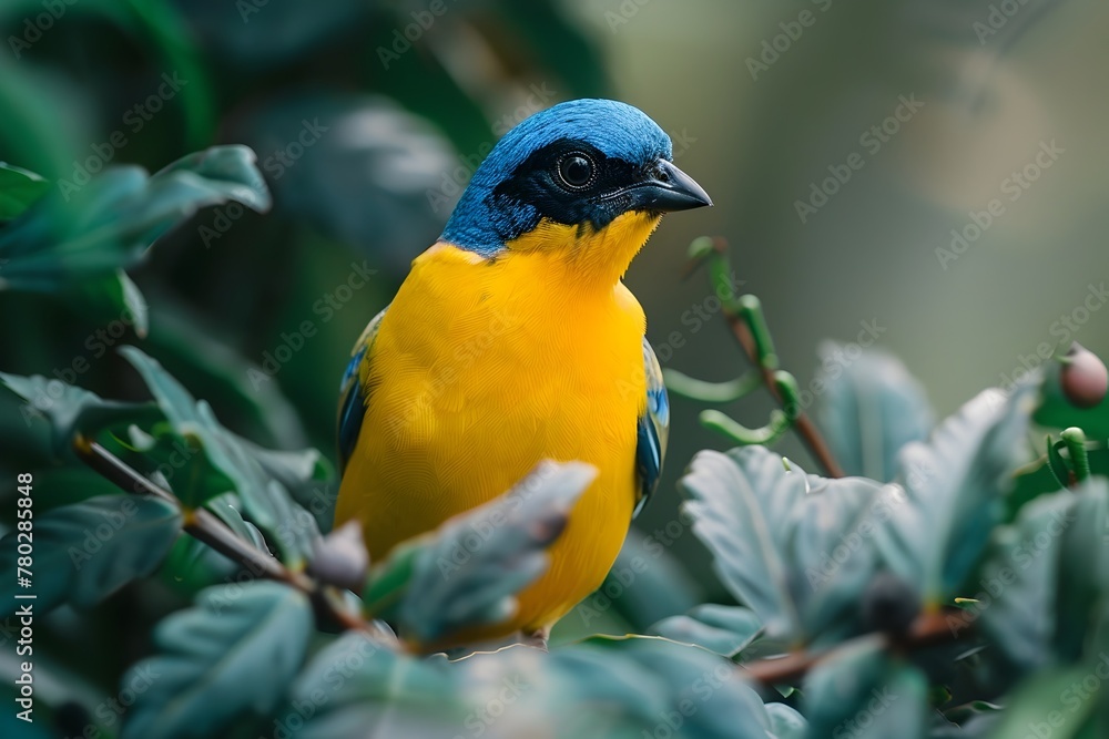 Obraz premium Captivating Blue Factor Canary Amidst Lush Natural Surroundings Showcased Through Editorial and Documentary Photography Styles