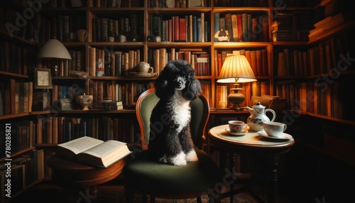A black and white poodle sitting in a cozy home library surrounded by shelves of books.
