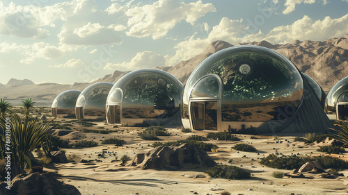 Futuristic domed habitats in desertified landscapes, representing humanity's resilience to climate change