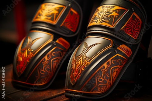  Close-up shot of a pair of Muay Thai shin guards, highlighting the protective gear used in combat sports training