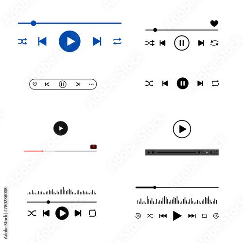 Set of audio or video player progress loading bars with time slider, play and pause,