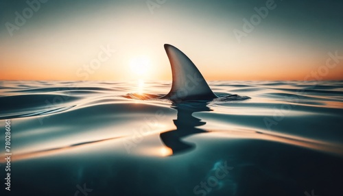 A close-up of a shark fin cutting through the clear ocean surface at sunset. photo