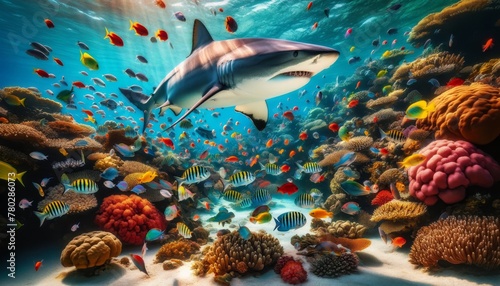 A shark approaching a school of colorful tropical fish on a vibrant coral reef.