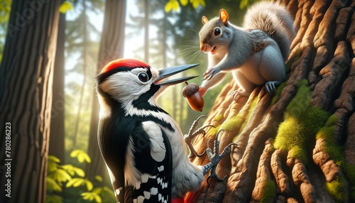 Create a detailed image of a black and white woodpecker with a striking red crest, engaged in a playful encounter with a gray squirrel. photo