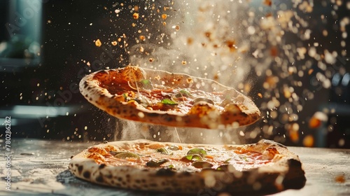A dynamic shot of a pizza being tossed in the air, capturing the motion and skill of traditional pizza making.