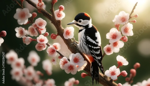 A highly detailed image of a black and white woodpecker with a distinctive red patch on the back of its head, perched gracefully on a branch. photo