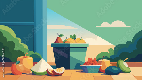 In the corner of the market a pile of discarded fruit and vegetable scraps can be seen near a compost bin. The markets sustainability efforts