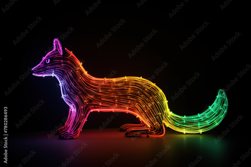 Fototapeta premium Fox with colorful neon lights on dark background. 3D rendering