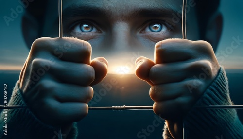 A close-up of two hands gripping a fence, with hopeful eyes gazing through it towards a horizon where the first light of dawn is breaking.