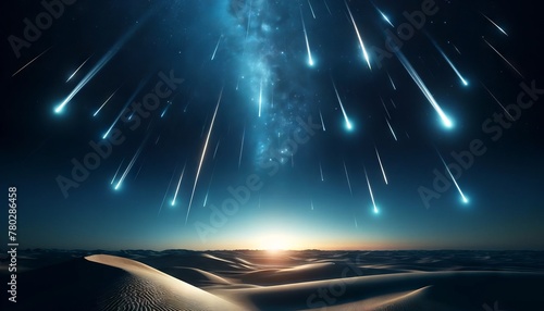 A close view of a meteor shower with shooting stars illuminating the desert sky, where the landscape is barely visible. photo