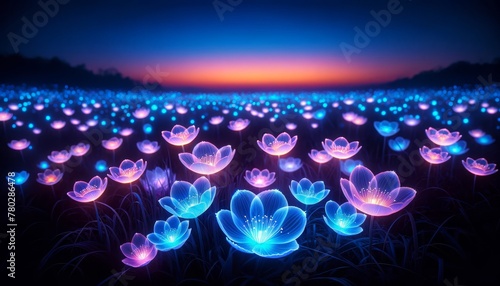 A close view of a field of flowers that emit a natural luminescence in the twilight. photo