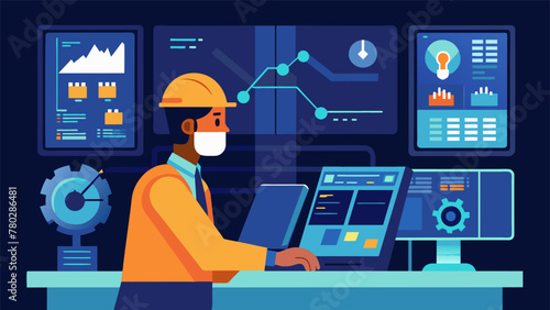 A machine operator in a production facility intently monitors a series of digital screens displaying realtime data and ytics symbolizing the