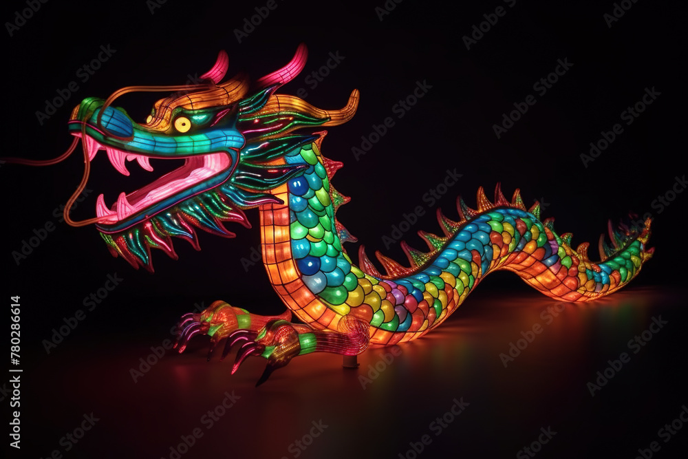 dragon with colorful neon lights on dark background. 3D rendering