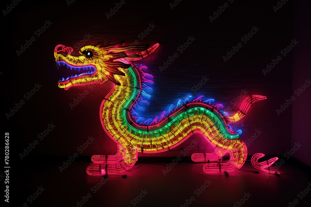 Fototapeta premium dragon with colorful neon lights on dark background. 3D rendering
