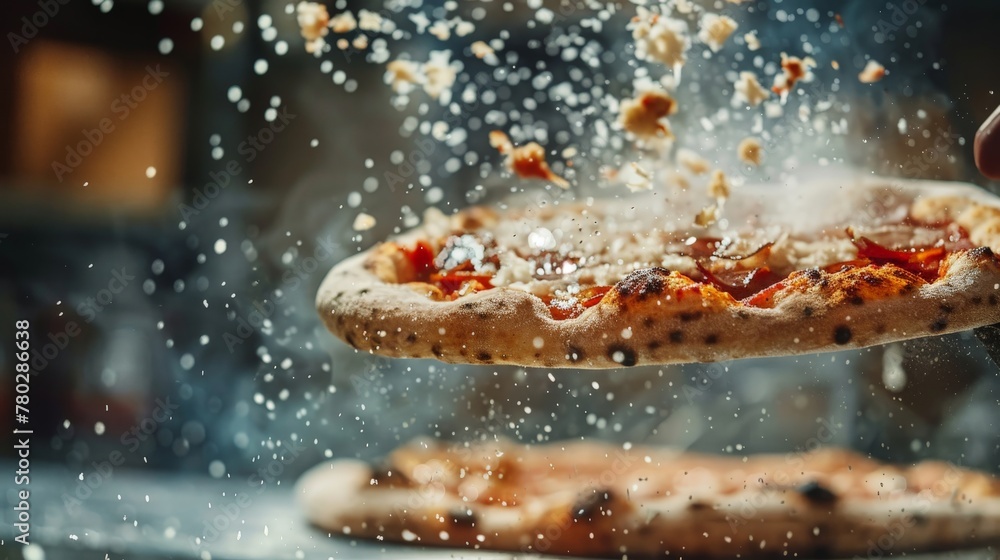 A dynamic shot of a pizza being tossed in the air, capturing the motion and skill of traditional pizza making. A dynamic shot of a pizza being tossed in the air, capturing the motion and skill of traditional pizza making.