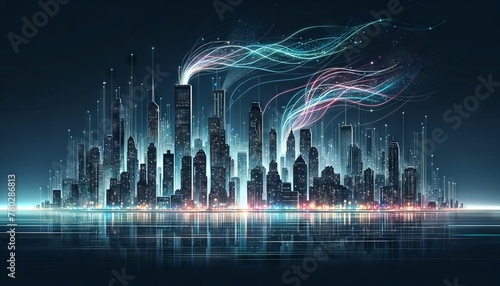 An outline of a city skyline at night, illuminated by streaks of light particles in various hues against a dark sky.