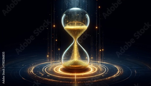 A conceptual visualization of a digital hourglass with light particles instead of sand, set against a dark background to symbolize the passage of time. photo