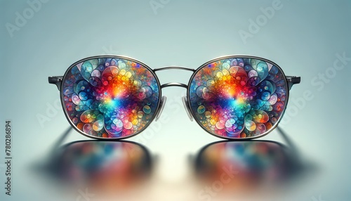 A pair of eyeglasses with lenses that reflect a kaleidoscope of colors, representing diverse perspectives and insights. © FantasyLand86
