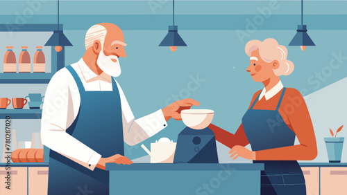 In a quaint little shop an elderly couple gently debates over the best way to use a vintage ice crusher smiling and reminiscing about the good