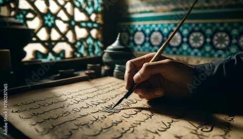 Capture a calligrapher's hand in the process of writing, using a traditional reed pen to inscribe Arabic poetry on parchment.