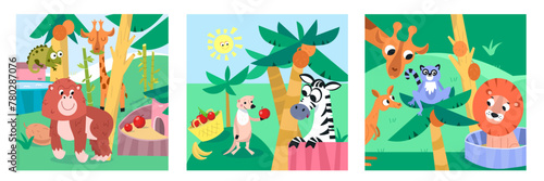 Children color scenes with animals in zoo. Color Funny cartoon characters. Vector Illustrations for book, design, posters, puzzle, games.