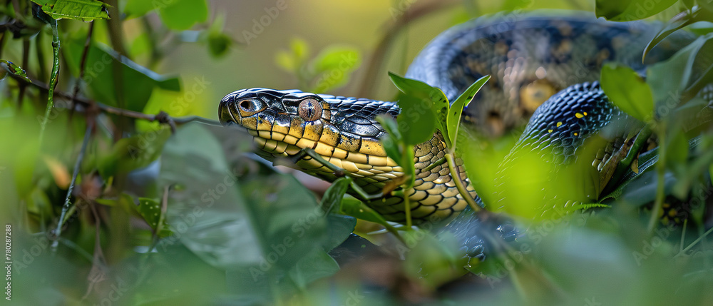 a slithering anaconda, with tangled vines as the background a slithering anaconda, with tangled vines as the background