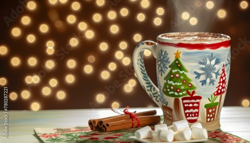 A close-up image of a hand-painted holiday mug filled with steaming hot cocoa.