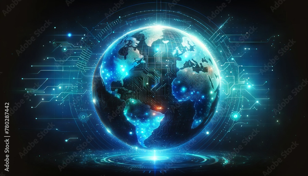 Fototapeta premium A holographic globe with continents highlighted by bright neon circuits in blue and cyan, symbolizing global connectivity in the digital age.