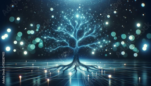 An abstract digital tree, with branches and leaves delineated in luminescent blue lines, set against a night sky filled with soft bokeh lights. photo