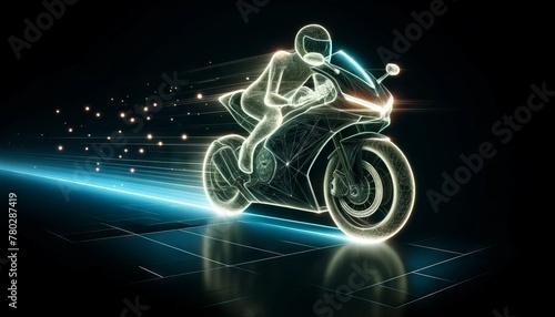 A motorcycle outlined with bright neon lines on a dark background with light particles suggesting motion.