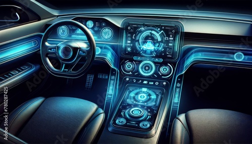 A futuristic car dashboard with holographic displays and controls, illuminated in the same blue and cyan hues as the previous images. photo