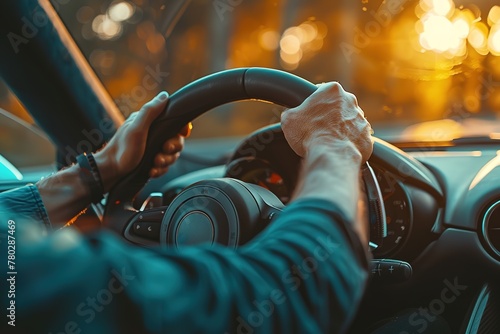 Close-up of a person's hands on a steering wheel, driving a car at sunset. photo