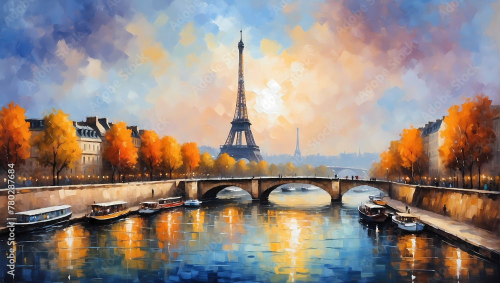 Obraz premium Paris Cityscape with Eiffel Tower and Notre Dame by the River Seine