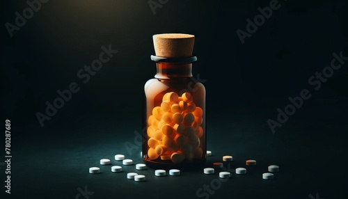 An amber-colored glass bottle with a cork stopper, filled with small white round pills, isolated on a dark backdrop. photo