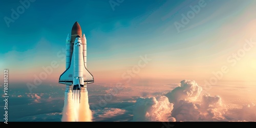 Fototapeta Naklejka Na Ścianę i Meble -  A white and red rocket is launching and flying in the blue sky with lots of white smoke, in the minimal style.