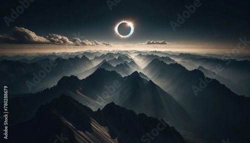 A high-altitude shot of a solar eclipse over a mountain range, with the peaks casting long shadows across the landscape. photo