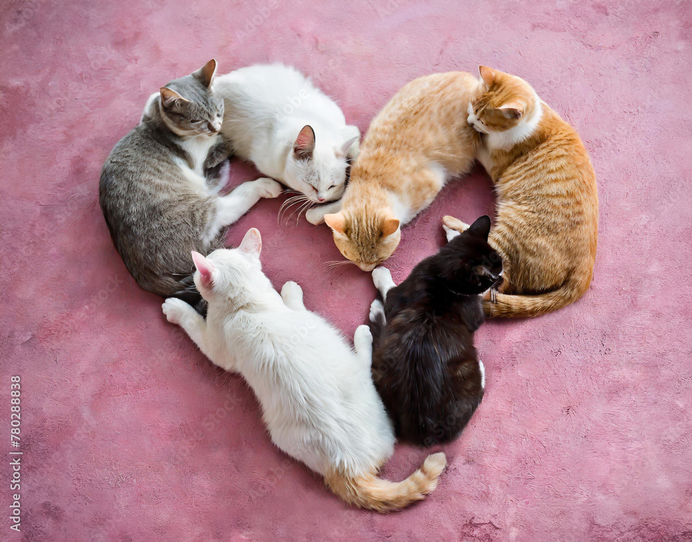 Obraz premium 寝てる猫が集まってハートになっている