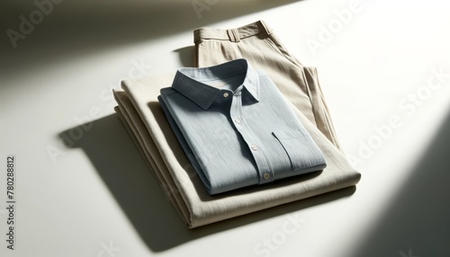 A neatly folded linen shirt and trousers set against a clean, light background, representing classic, effortless style. photo