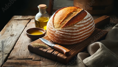 An artisanal bread loaf with a crisp crust on a cutting board, alongside a knife and olive oil, depicting the joy of homemade cuisine. photo