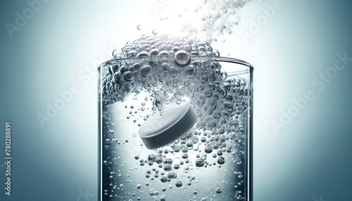 A close-up of an effervescent tablet dissolving in a glass of water, with bubbles racing to the surface and a fizzing sound almost audible. photo